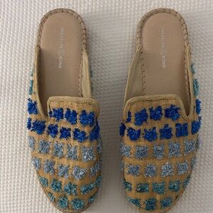 Treasure & Bond Tan Slip-On Mules with Blue Floral raffia type Embroidery